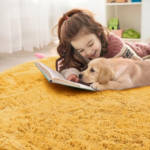 Mustard Yellow Round Rugs for Bedroom (5 Ft Round / Mustard Yellow)