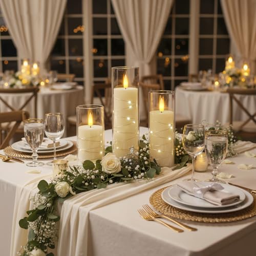 Flameless Battery Operated Pillar Candles with Remote Timer (3pcs-Ivory)