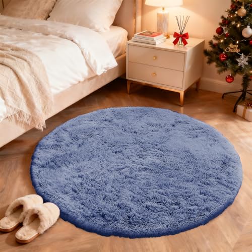 Denim Blue Round Rugs for Bedroom (4 Ft Round / Denim Blue)