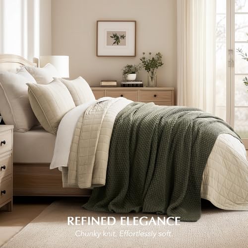 HOME Chunky Chenille Knit Throw Blanket (Olive Green / 90" X 90")