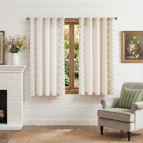 Green Floral Linen Kitchen Tier Curtains 50x45 Inch 2 Panels (A| Sage / 50"W x 45"L (Pack of 2))