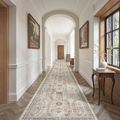 Hallway Runner Rug 3x18 Washable Kitchen Runners 18ft (Brown/Gold / 3' x 18' (Runner))