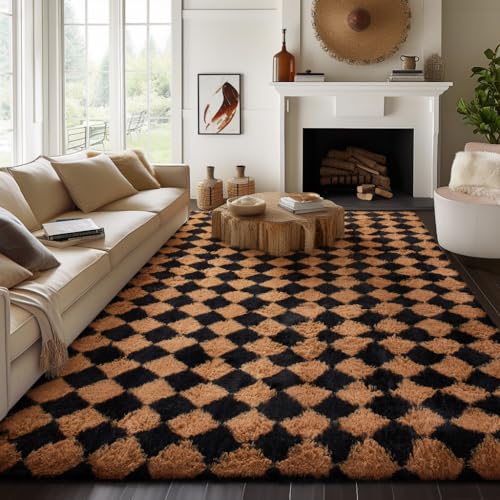 8x10 Black & Beige Diamond Checkered Rugs for Living Room Bedroom (Checkered Black & Beige / 8' x 10' (Rectangular))
