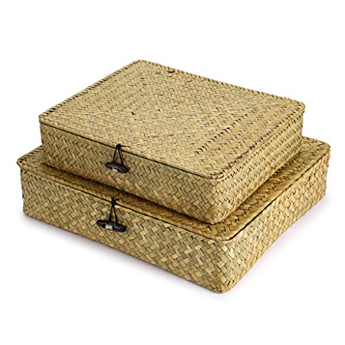 2 Packs Flat Wicker Basket Box with Lid Woven Seagrass Storage Bins (Small+Large / Natural Color)