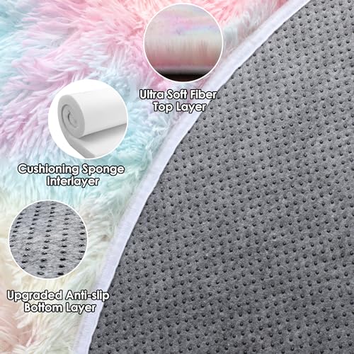 Rainbow Fluffy Round Rug Circle Area Rugs 4ft for Kids Girls Teen Bedroom (Colorful Rainbow / 4' (Round))