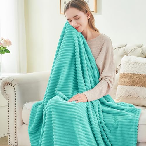 3D Ribbed Jacquard Aqua Fleece Throw Blanket for Couch (Aqua / Throw(50"x60"))