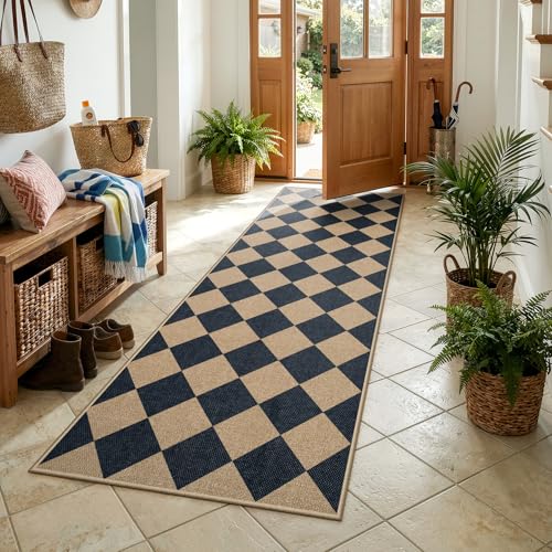 Checkered Easy Jute Non Slip Kitchen Runner (2'6" x 8' (Runner) / Black/Checkerboard -2)