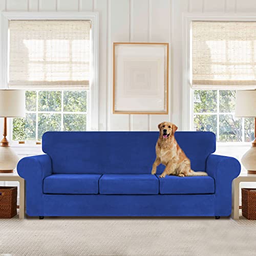 4 Pieces Couch Cover for Sofa Velvet Sofa Cover Washable (Large / Royal Blue)