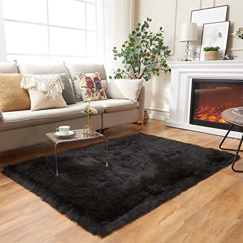 Ultra Soft Fluffy Shaggy Area Rug Faux Fur Rug Chair Cover Seat Pad Fuzzy Area Rug for Bedroom Floor Sofa Living Room (Black / 4' x 6' (Rectangular))