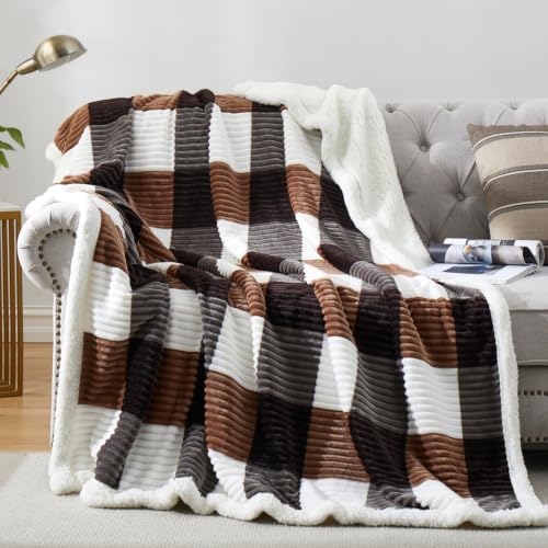 Sherpa Blanket Twin Plaid Thick Bed Blanket (Brown-check / 60"*80")