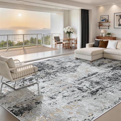 10x14 Area Rugs for Living Room Washable Dining Room Black Grey Gold (Black Grey/Gold / 10' x 14' (Rectangular))