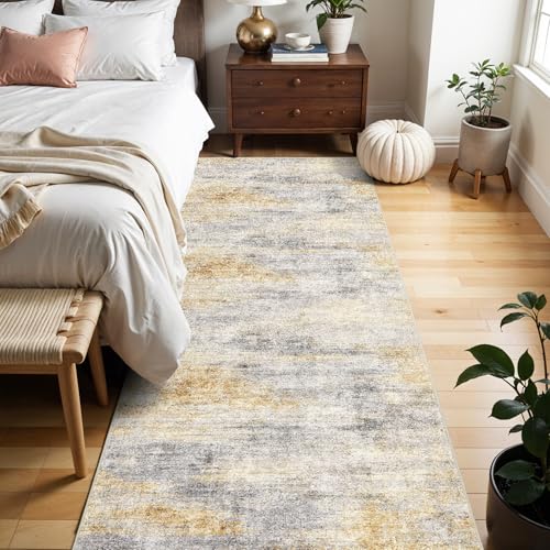 2x6 Runner Rug Washable Abstract (Grey/Yellow / 2' x 6')