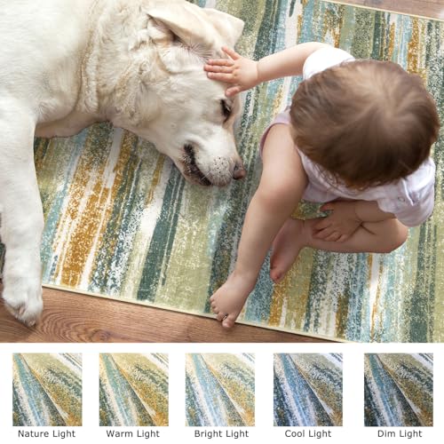 Modern Abstract Runner Rug 2x12 (2' x 12' (Runner) / Green Teal Mustard Multi)
