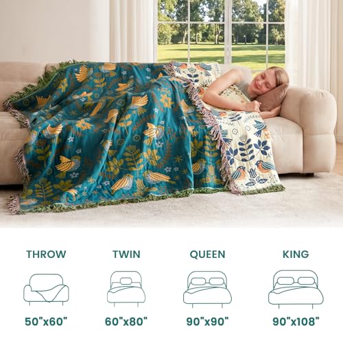 Boho Throw Blanket 60"x80" 100% Cotton Bird Quilt for Bed & Couch (A-teal Blue Bird / 60"x80")