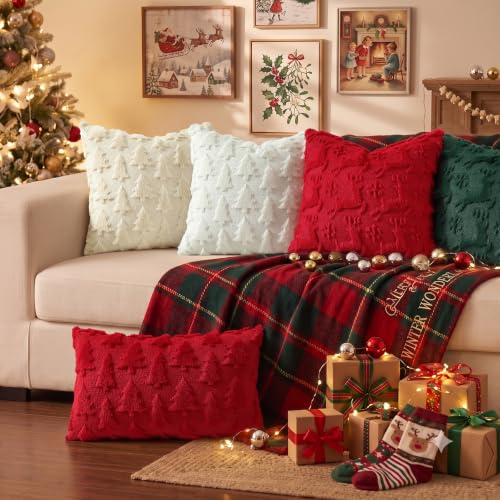Cream Xmas Tree Faux Fur Throw Pillow Covers 16x16 Set of 2 (Cream White Tree / 16" x 16" (Pack of 2))