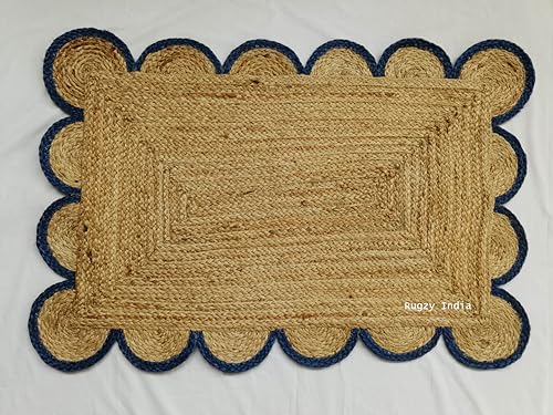 Scalloped Natural Jute Area Rug Natural Base Navy Blue Trim (2'x3' / Navy)