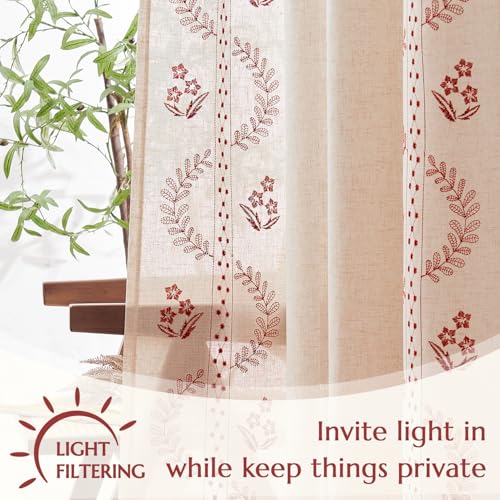 Floral Linen Curtains 96 Inch Farmhouse Back Tab 2 Panels (Red / 50"W x 96"L (Pack of 2))