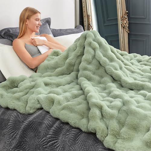 Faux Fur Throw Blanket for Couch (Sage Green / Twin(60" x 80"))