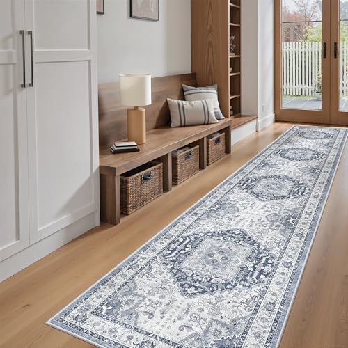 Washable Runner Rugs 2x10 Long for Hallway Kitchen (Navy/White / 2' x 10' (Runner))