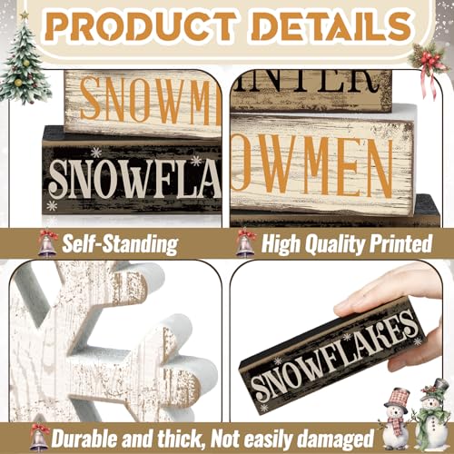 4 Pcs Wooden Block Signs Winter Tiered Tray Decor Farmhouse (Snow)