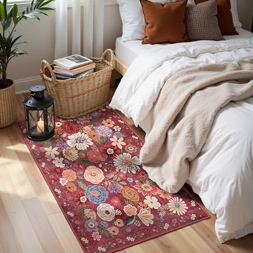 Red Floral Hallway Runner Rug 2x5 for Bedroom Kitchen (Red / 2' x 5' (Rectangular))