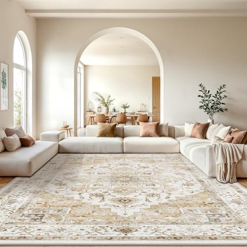 Amada Large 10x14 Washable Area Rug for Living Room (10' x 14' (Rectangular) / Distressed Beige/Cream)