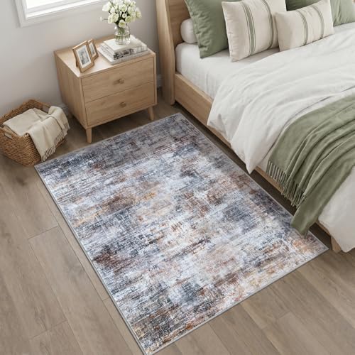 Abstract Area Rug 4x5 Ft Washable Rugs for Entryway Indoor (Orange/Brown/Grey / 4' x 5' (Rectangular))