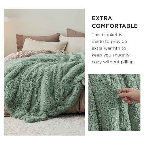 Faux Fur Fluffy Sherpa Fleece King Bed Blanket Sage Green 108"x90" (12- Sage Green / King (108" X 90"))