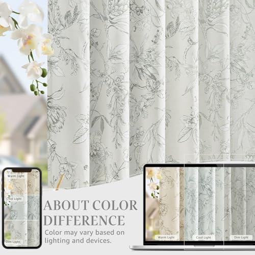 Grey Floral Linen Curtains 90 Inch Vintage Back Tab 2 Panels (Flower Grey on White / 50"W x 90"L (Pack of 2))
