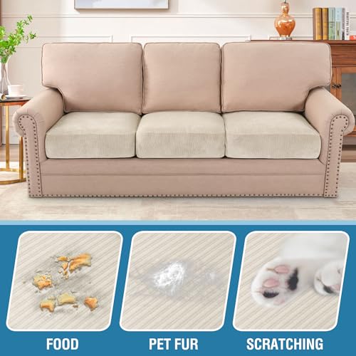 Velvet Stretch Couch Cushion Cover Plush Cushion Slipcover for Chair Loveseat Sofa Cushion Furniture Protector Seat Cushion Sofa Cover (Striped Ivory / 3 Cushion Sofa)