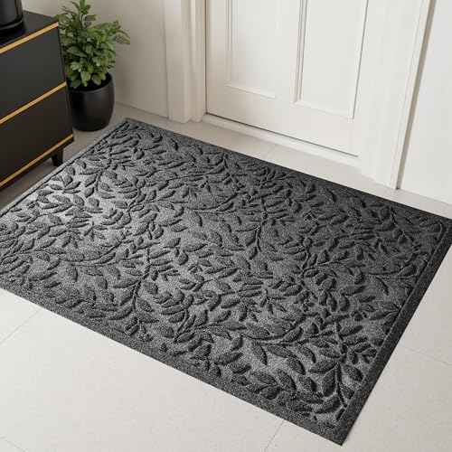 Grey Leaves Outdoor Indoor Entrance Door mat (Leaves-grey / 2'8" x 3'11" (Rectangular))