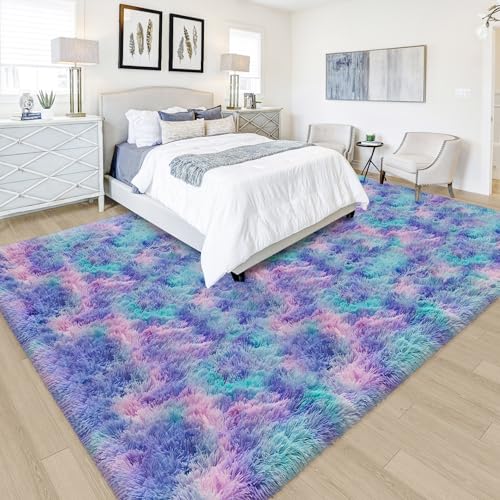 Tie Dye Purple Rainbow Soft Shaggy Fluffy Rug for Living Room 6x9ft Anti (Tie-dyed Purple Rainbow / 6' x 9' (Rectangular))