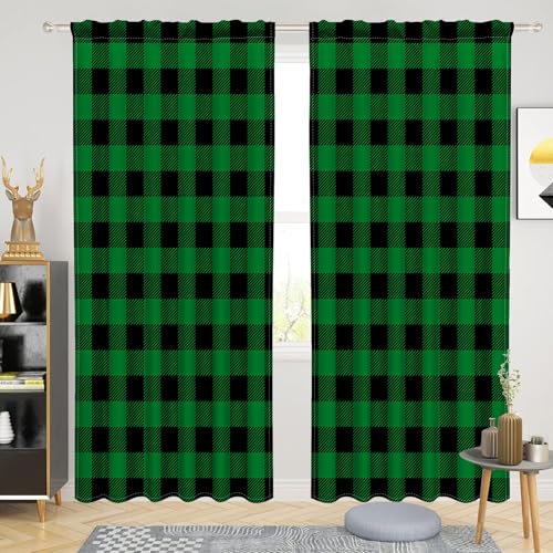 53 x 84 Inch Linen Buffalo Plaid Check Curtains Blackout Room Darkening Thermal Insulated Black Green Buffalo Checkered Window Drapes Farmhouse Bedroom Living Room Pocket Tab Curtain 2 Panels (Deep Green / 53"W x 84"L (Pack of 2))