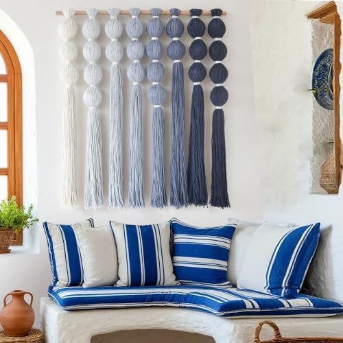Macrame Wall Hanging Dip Dyed Blue Yarn Wall Art Tassel Decor 27" W*31" L (Blue)
