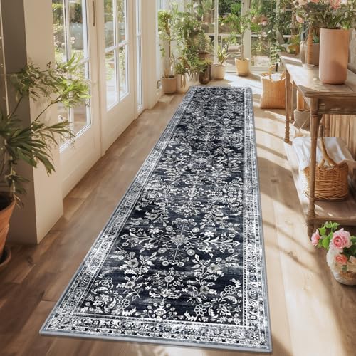 2x10 Washable Hallway Runner Rug Non Slip Floral Carpet (Navy/Black / 2' x 10')