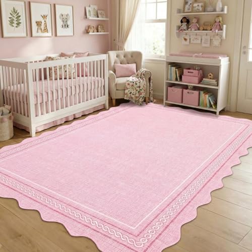 Scalloped Washable Pink Rugs for Bedroom Grils 5x7 Non Slip (Pink / 5' x 7' (Rectangular))