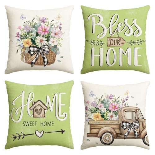 Bless Our Home Eucalyptus Leaves Throw Pillow Covers (Emerald Green / 16" x 16" (Pack of 4))