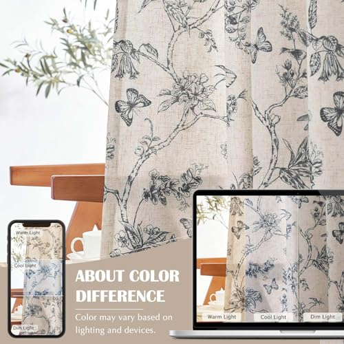 Black Floral Linen Curtains Lined 84 Inch Vintage Back Tab 2 Panels (Charlotte Black / 50"W x 84"L (Pack of 2))