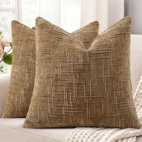 Textured Chenille Throw Pillow Covers 16x16 Set of 2 Bronze (Golden Camel / 16" x 16" (Pack of 2))