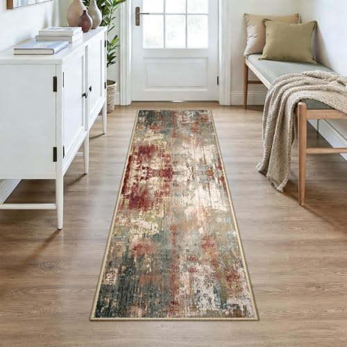 Washable Runner 2'x7' Abstract Area Rug for Hallway Rustic Brown (Rust Red/Green/Blue/Multi / 2' x 7' (Runner))