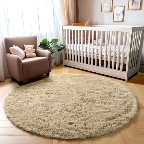 Beige Boho Round Circle Fluffy Area Rug 4Ft for Bedroom Nursery (Beige / 4' (Round))