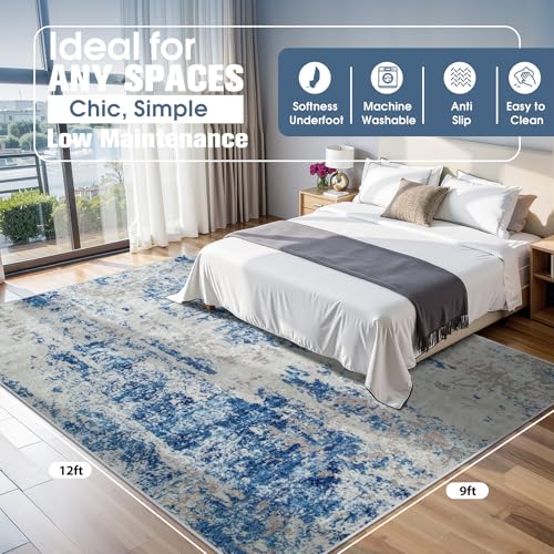 9x12 Area Rugs for Living Room Washable Bedroom Dining Room Blue Grey White (Blue Grey/White / 9' x 12' (Rectangular))