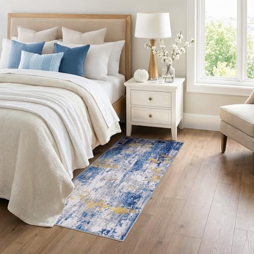 Washable Runner 3'x6' Abstract Area Rug for Hallway Blue Gold (Blue/Gold / 3' x 6' (Runner))
