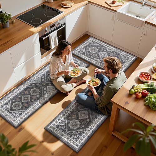 HEBE Boho Kitchen Rugs Set of 3 (Natural/Grey / 20"x32"+20"x48"+20"x59")