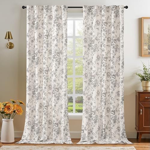 Vintage Floral Linen Curtains 102 Long for Living Room 2 Panels (Black on Beige / 50"W x 102"L (Pack of 2))