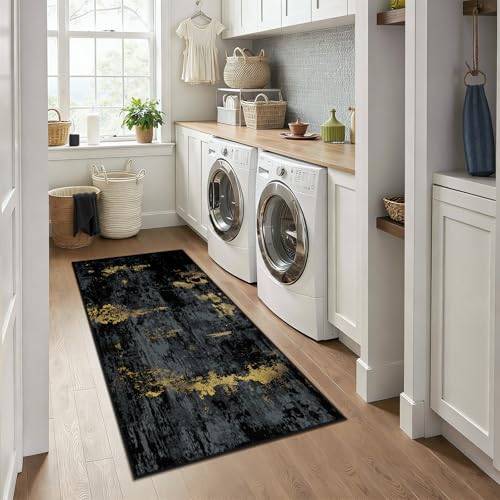 Washable Runner 3'x6' Abstract Area Rug for Hallway Black Gold (Black/Gold / 3' x 6' (Runner))