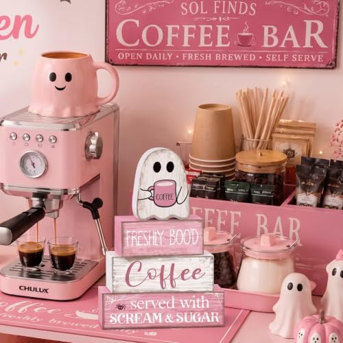 4 Pcs Pink Halloween Table Decorations Coffee Ghost Wooden Blocks (Cute Coffee Ghost)