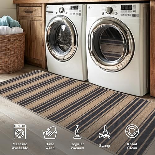 Striped Easy Jute Rug 3x5 Outdoor Rug Neutral Front Door Mat (3'*5'(Rectangular) / Black/Striped)