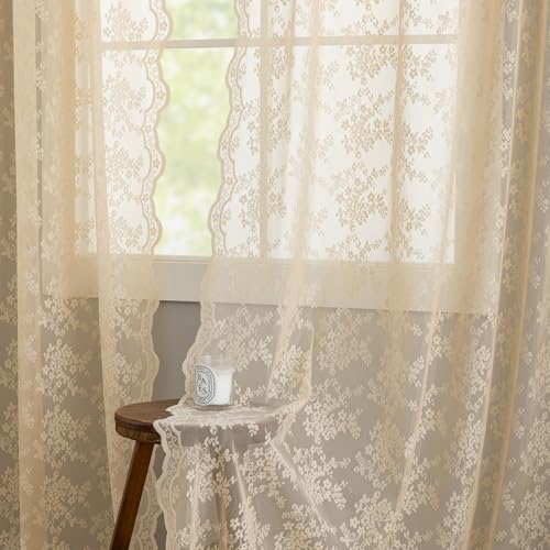 Vintage Lace Curtains 63 Inch Length Antique Chic Floral Beige Sheer Curtain Panels with Scalloped Edges for Bedroom Dining Room Rod Pocket French Country Crochet Drapes W52 X L63 2 Panels (Beige / 52"W x 63"L (Pack of 2))