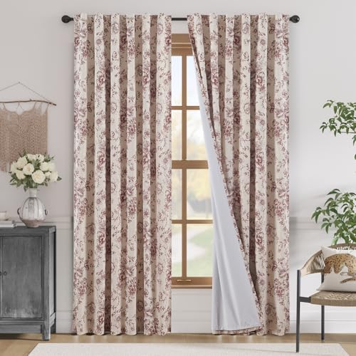 Floral Linen Blackout Curtains for Bedroom 84 Inches Long (Red / 50"W x 84"L (Pack of 2))